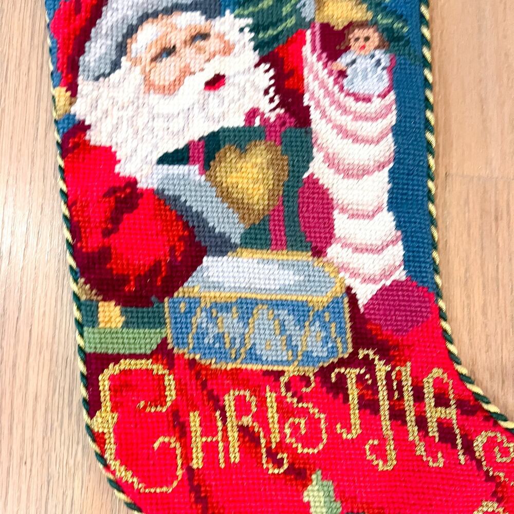 Vintage Lined Christmas Stocking Needlepoint Santa Presents Tree Velvet - Picture 5 of 8